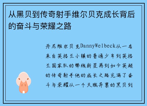 从黑贝到传奇射手维尔贝克成长背后的奋斗与荣耀之路 从黑贝到传奇射手维尔贝克成长背后的奋斗与荣耀之路