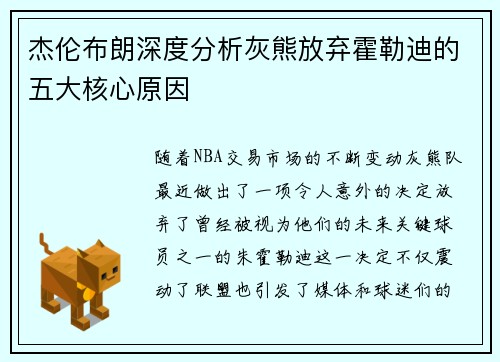 杰伦布朗深度分析灰熊放弃霍勒迪的五大核心原因